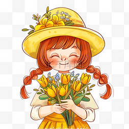 黄色小帽子图片_春天可爱女孩卡通鲜花手绘元素
