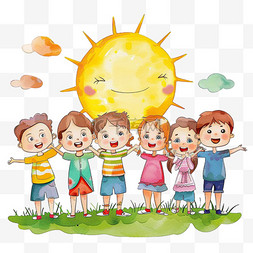 彩色草地图片_可爱孩子手绘太阳玩耍卡通元素