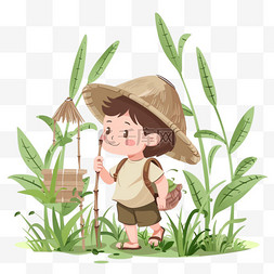 米色植物图片_男孩植物卡通手绘春天元素