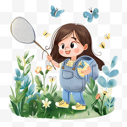 春天手绘元素女孩抓蝴蝶植被卡通
