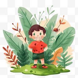 橙色背景插画图片_春天植物男孩手绘元素卡通
