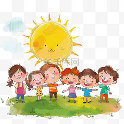 排队去搬砖图片_可爱孩子元素太阳玩耍卡通手绘