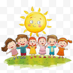 卡通彩色太阳图片_手绘元素可爱孩子太阳玩耍卡通