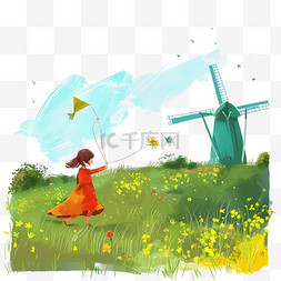 风筝海报素材图片_植物女孩风筝卡通春天手绘元素
