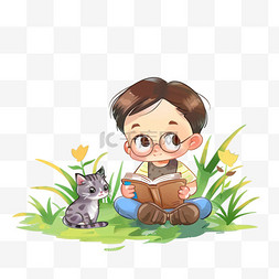 坐在草丛里图片_可爱男孩手绘元素植物读书卡通