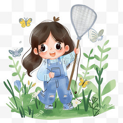 春天女孩抓蝴蝶手绘植被卡通元素