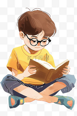 男孩读书元素手绘插画