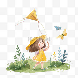 春天女孩手绘放风筝插画元素
