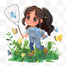抓头发的图片_春天女孩手绘抓蝴蝶植被卡通元素