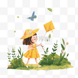 蝴蝶在飞图片_春天手绘元素女孩草地放风筝卡通