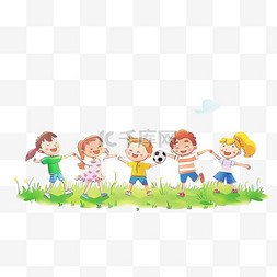 卡通一群孩子草地上玩耍手绘元素