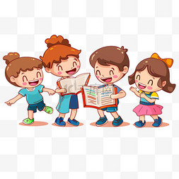 手绘花田背景图片_可爱的孩子看书阅读手绘元素卡通