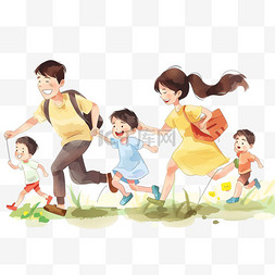 手绘可爱家庭图片_春天卡通一家人奔跑手绘元素