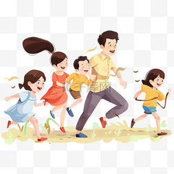 家庭可爱卡通图片_手绘春天一家人奔跑卡通元素