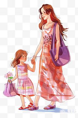 粉色格子背景图片_母子俩逛街卡通元素