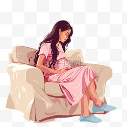 蓝色长头发图片_孕妇女人坐在沙发上慵懒手绘元素