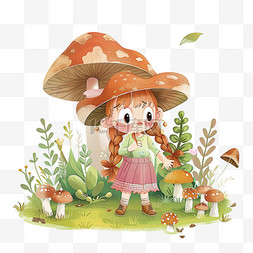 春天可爱女孩手绘植物蘑菇元素