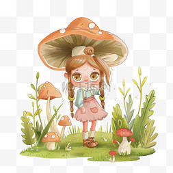 绿色背景配色图片_可爱女孩春天植物蘑菇手绘元素