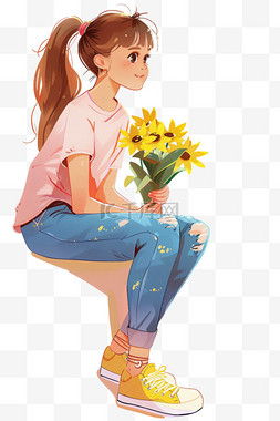 穿着黄色的短袖图片_春天女孩鲜花手绘卡通元素