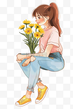 拿鲜花的图片_卡通手绘春天女孩鲜花元素