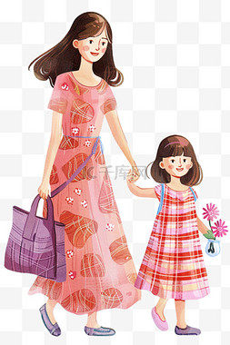 紫色花朵背景图片_卡通母子俩逛街元素手绘