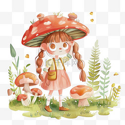 春天蘑菇可爱女孩植物手绘元素