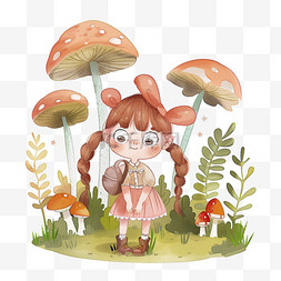 春天可爱女孩植物蘑菇元素手绘