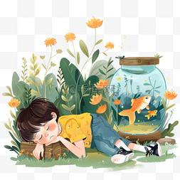 穿着黄色的短袖图片_卡通可爱孩子春天花草手绘植物元
