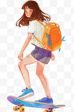 卡通蓝色短裤图片_运动女孩滑板卡通手绘元素