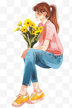 拿鲜花的图片_春天女孩鲜花手绘元素卡通
