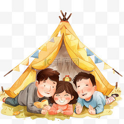 户外露营背景图片_手绘孩子户外露营玩耍卡通元素