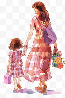 粉色格子背景图片_卡通手绘母子俩逛街元素