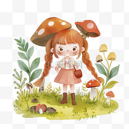 春天手绘元素可爱女孩植物蘑菇
