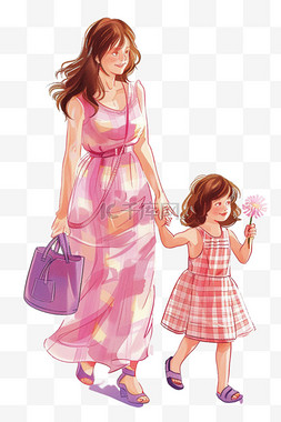 粉色格子背景图片_母子俩手绘逛街元素