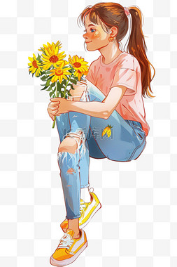 卡通春天元素女孩鲜花