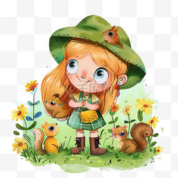 草地上小花图片_春天卡通可爱女孩草地手绘元素
