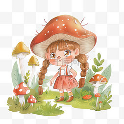 绿色背景配色图片_手绘春天可爱女孩植物蘑菇元素