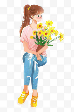 拿鲜花的图片_手绘元素春天女孩鲜花卡通