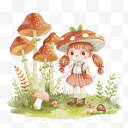 绿色背景配色图片_春天可爱女孩植物蘑菇手绘元素