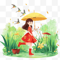 手绘花伞图片_春天手绘元素春雨可爱女孩植物