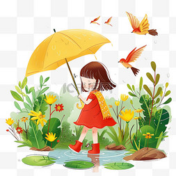 白色花伞图片_春天春雨手绘可爱女孩植物元素