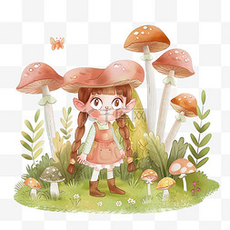 绿色背景配色图片_可爱女孩植物蘑菇手绘春天元素