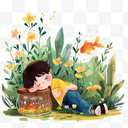 坐着插画图片_可爱孩子手绘元素春天花草植物卡