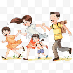 春天一家人奔跑手绘卡通元素
