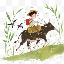 清明节的柳树图片_清明手绘元素牧童放牛卡通
