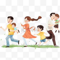 一家人一起图片_元素春天一家人奔跑卡通手绘
