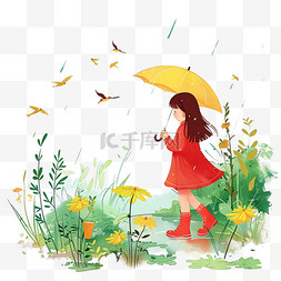 绿色植被背景图片_元素春天春雨可爱女孩植物手绘
