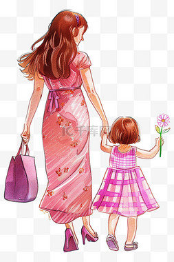 紫色连衣裙卡通图片_逛街母子俩卡通手绘元素
