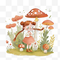 绿色背景配色图片_春天可爱女孩植物手绘蘑菇元素