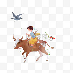 清明节的柳树图片_清明牧童卡通放牛手绘元素